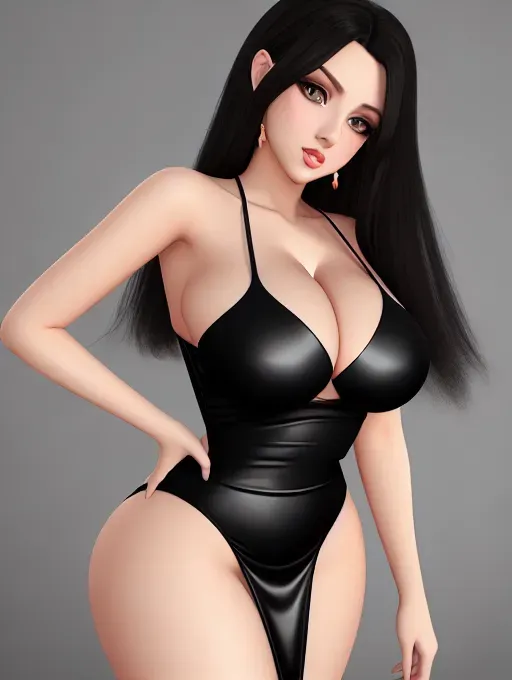 Young European woman, light colored eyes, big bimbo lips, black hair, huge enormous perky big boobs, tight dress, photorealistic, best quality, ultra high resolution