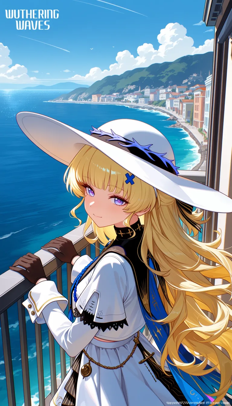 masterpiece, best quality,score_7,
1girl, phoebe \(wuthering waves\), tacet mark \(wuthering waves\), blonde hair, outdoors, white dress, long sleeves, hat, ocean, day, looking at viewer, upper body, fence
A portrait illustration of phoebe from wuthering waves in anime style, standing on a balcony overlooking the ocean. She is surrounded by a railing, buildings, and a hill in the background. The image giving it a lively and vibrant feel.