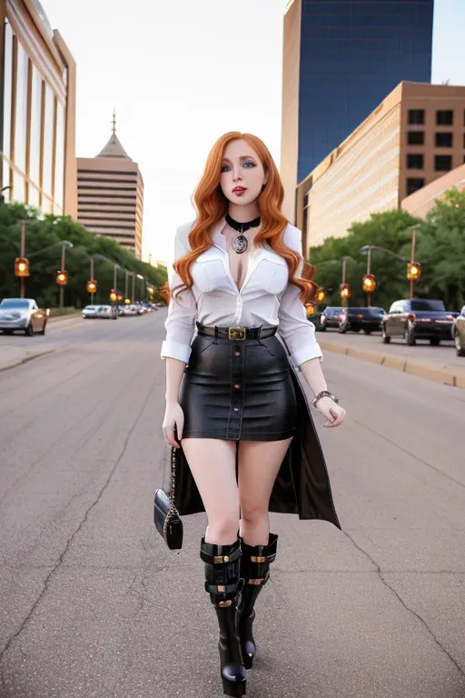 full body, strawberry blonde hair, hazel eyes, short girl, denim miniskirt, black high heel boots, looking at viewer, long hair, pale skin, black necklace, black shirt, 24 years old, giant breasts, cute face, pov, wavy hair, city environment, Oklahoma City, wide eyes, erotic, skirt tug, trench coat