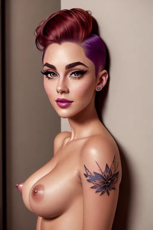 a color pencil draw of,a disney princess,naked,leaning against the wall,in a hotel room,amazing breasts,five slender fingers,undercut hair,charming face,beautiful lips,detailed large eyes,curved eyebrows,textured skin,joyful,tattoo,editorial,studio lighting,sharp focus,unreal engine,ultra realistic