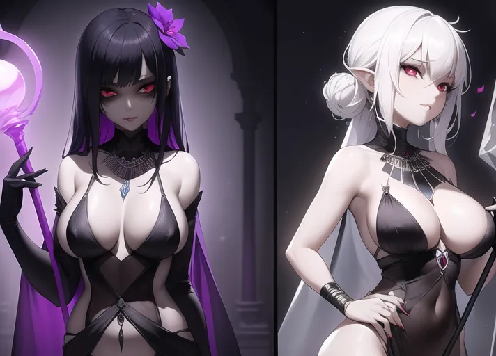 A single Drow necromancer wearing a revealing sheer black toga dress, the drow has generous cleavage on display, medium sized well shaped breasts, long sexy legs are shown off with a deep slit on her dress, short curly black red hair, holding a magic staff of bone and crystal, red eyes and (violet petal) skin color, she has the pretty face of a young adult girl coming into her beauty with confidence, wearing ornamental Egyptian jewelry,