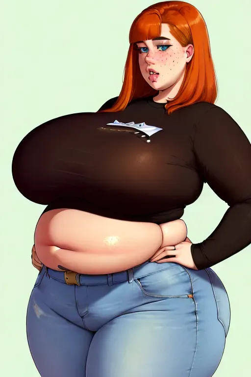 2 girls standing, ((girl1: ssbbw girl, muffintop, short, orange hair, short hair, green eyes, freckles, pale skin, big belly, wide hips, small breasts, flat chest, thicc, fat, wide waist, white shirt, croptop, jeans)), ((girl2: ssbbw girl, muffintop, tall, dark brown hair, bangs, long hair, blue eyes, pale skin, huge belly, fat belly, huge hips, wide hips, obese, overweight, fat, thicc, huge breasts, huge butt, fat butt, wide waist, big belly, big stomach, fat belly, black polo shirt, long sleeve, black pants, black fast food uniform)), high res, high resolution, simple background