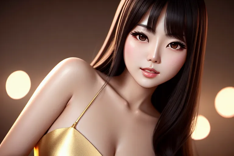 a digital painting of,ai uehara,wearing frock,touching breasts,at the party,five fingers per hand,silky hair,beautiful face,beautiful lips,brown eyes,curved eyebrows,wearing golden ring,pixiv,cinematic lighting,bokeh,sharp focus,highly detailed