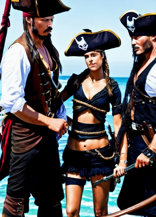 Gorgeous pirate lady is being sexually assaulted by two mean looking pirates <lora:plVOedlDbyM_MMF_WOMANSANDWICH:1>, 1 female, 2 males,