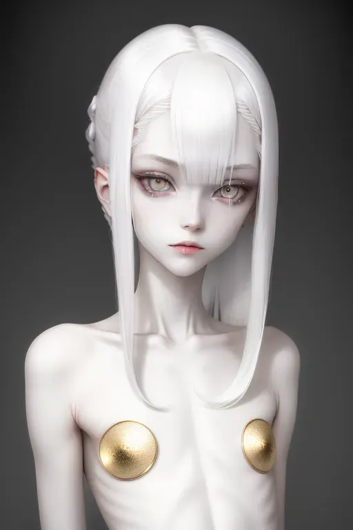platinum hair, gold eyes, pale skin, skinny, shy, beautiful, innocent