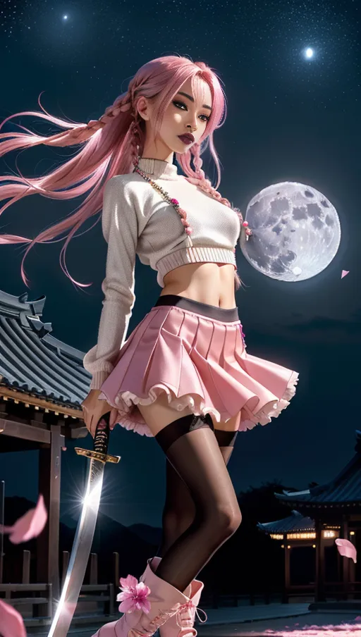(Masterpiece) 8k resolution, hyper photo realistic, photo of (Nyane),
(Highly detailed face), ((skinny)),
((slim body)), ((small breast)), petite slender figure, sexy, long lashes, hot pink hair,
Long single braided hair with beads, glimmering sparkles in hair, loose fitting cropped sweater with long sleeves, platforms boots, perfect lighting, holding a katana, torn pantyhose under ruffled mini skirt, gradient pink background, stars in background, looking at the viewer, flower petals blowing in the wind, oriental buildings in background, full moon, full body view, wide lens