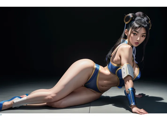 (full body wide angle photograph) of (((Chinese model Liu Wen cosplaying as Chun-Li from Street Fighter))), bare ass cheeks, bare thighs, white knee high boots, blue thong panties, full round ass, sweaty shiny skin, black hair, looking directly at the viewer, ((grabbing her tits:1)), extremely large breasts, massive cleavage, flushed cheeks, slender athletic body, ((extremely thick thighs)), curved eyelids, curved eyebrows, sexy smile, Chinese style hair buns, white ribbons in her hair,
((sitting down)), ((leaning forward)),exactly two legs, exactly two hands, five slender fingers per hand,
detailed eyes, detailed face, ((extremely accurate face)), hyperreal glossy eyes, hyperreal eyelashes, ray tracing, cinematic, ultra sharp, clean lines, (high resolution), hyper-realistic, detailed background, HDR, UHD, 64K, Highly detailed, ambient lighting, Professional, Trending on artstation, Unreal engine, Vivid Colors, <lora:dpmg_add_detail:0.5>, ((view from the rear)), simple black background