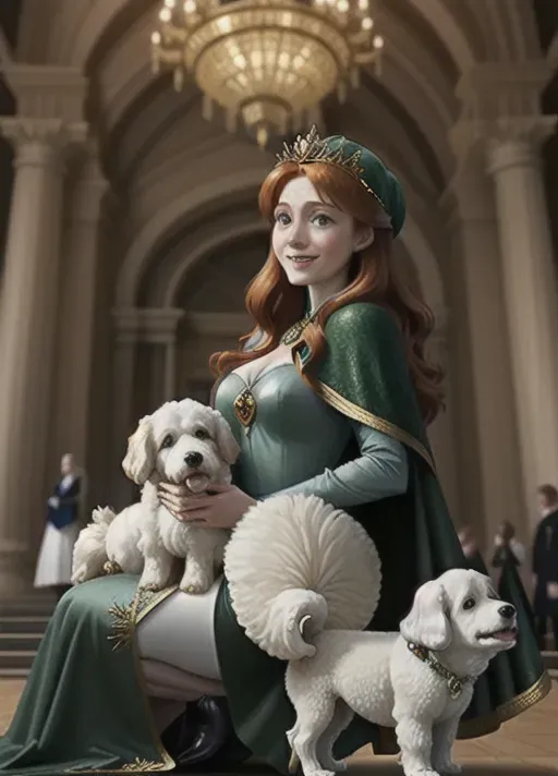 The beautiful adult auburn hair up in a low hanging bun mid-twenties moderate breasts big wide blue eyes smiling Queen Anna of Arendelle sits regally upon her throne in a dark green dress with black long sleeved jacket top and collarless gold trimmed long cape attached at the shoulders. holding a fluffy white bichon frise puppy. photorealistic. far shot. high resolution.