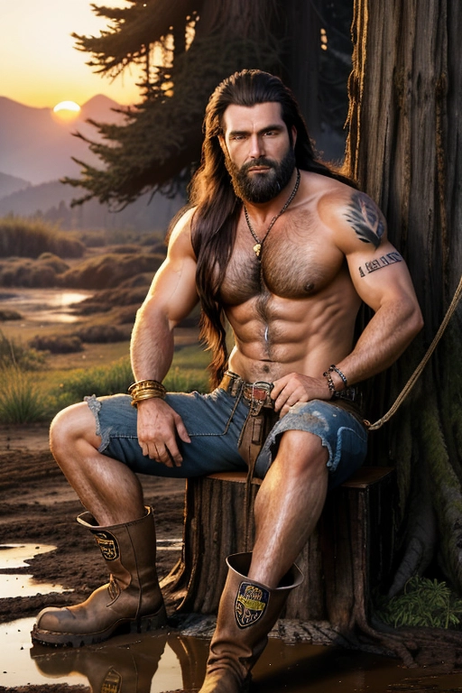 man, somoan, hairy chest, long hair, dark hair, greasy, jean shorts, work boots, hammer in hand, redwood tree, bracelet, gold jewelry, sunset, horse in background, shotgun, mud puddle, german shephard dog, (I love mom tattoo)