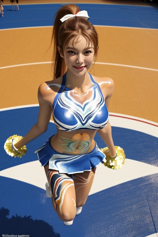 masterpiece, best quality, 64K, photorealistic, UHD, extremely detailed, color photograph of gorgeous ((cheerleading squad)), (((body paint cheerleader uniform))), legs open, tanned, skinny, athletic, thigh gap, hip bones visible, perky breasts, ((medium breasts, hard nipples)), tight pussy, (braless, no bra), (((no panties))), body paint uniform, ponytail, ponytail hair, smiling, eager to please, highly detailed face, (show full body), low angle view,
ultra realistic, hyper realistic