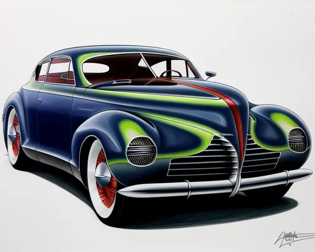 A rendering in airbrush, marker, and colored pencil, of a sleek sedan concept car styled after cars of the 1940's