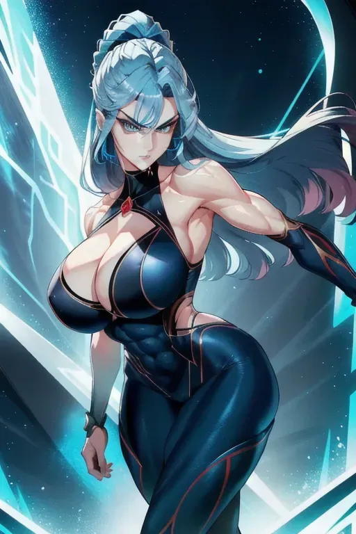 tall and commanding stature, with a muscular and athletic body type. She stands at 5 feet 8 inches, showcasing strong and defined arms and shoulders, Her angular face shape boasts a defined jawline, complemented by her piercing, intense blue eyes that reflect her fierce persona. With an unwavering expression, her eyes and fair complexion contribute to her powerful aura,