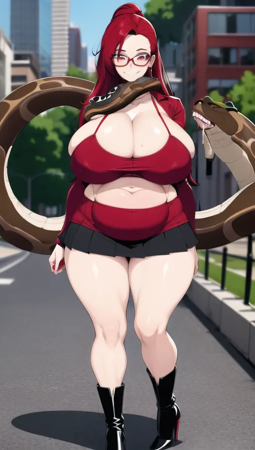 Dark red hair, sexy glasses,Sexy women ,big boobs,pregnant gigantic belly,fat belly and fat boobs,weight gain, gigantic fat belly,fat belly ,huge pumped up belly, black mini skirt, black high heels boots,sex,nude boobs, in a city, people mass, <lora:dpmg_pov_Big_fat_belly:1>,<lora:dpmg_snake_coiling:1>,Snake, snake angles around the woman and how she eats