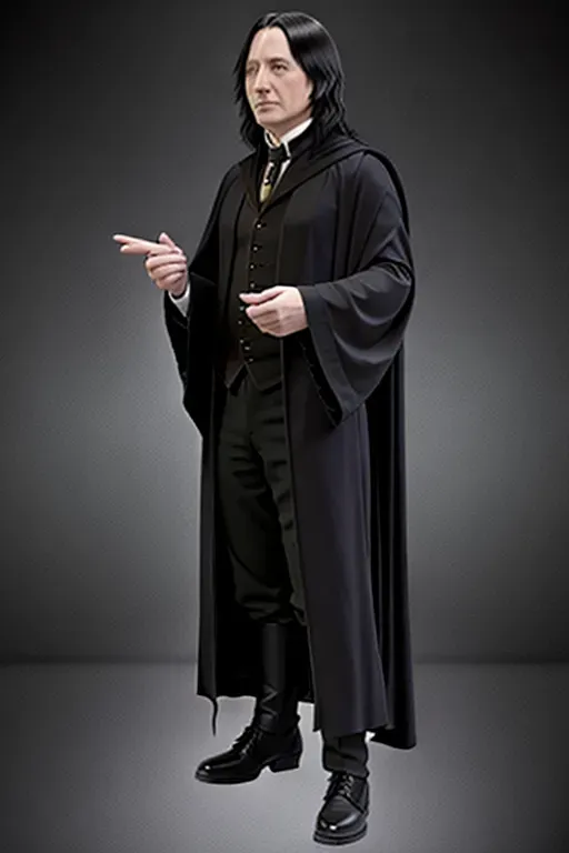 hogwarts, Severus snape, full body, in classroom, raised arm, side view