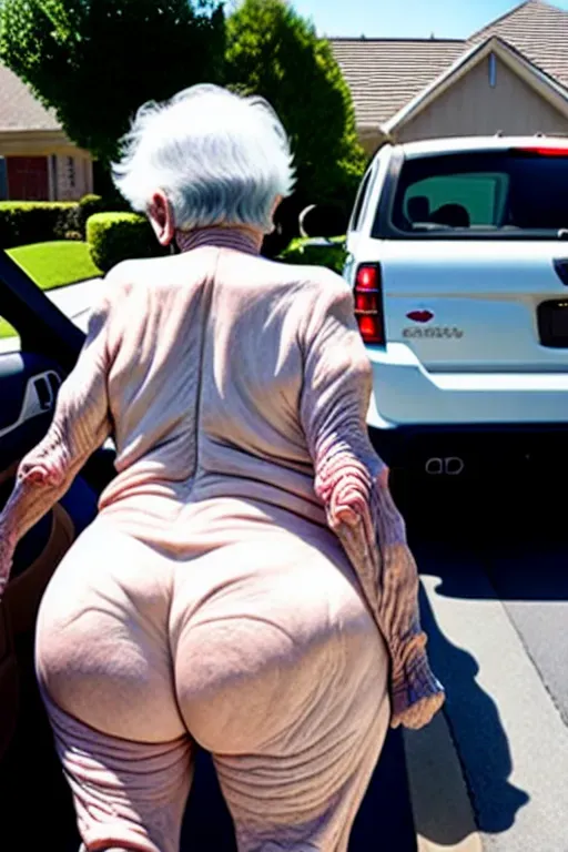 (great grandmother),(85 years old),(naked),(saggy wrinkled skin),(driveway),(in car), showing ass