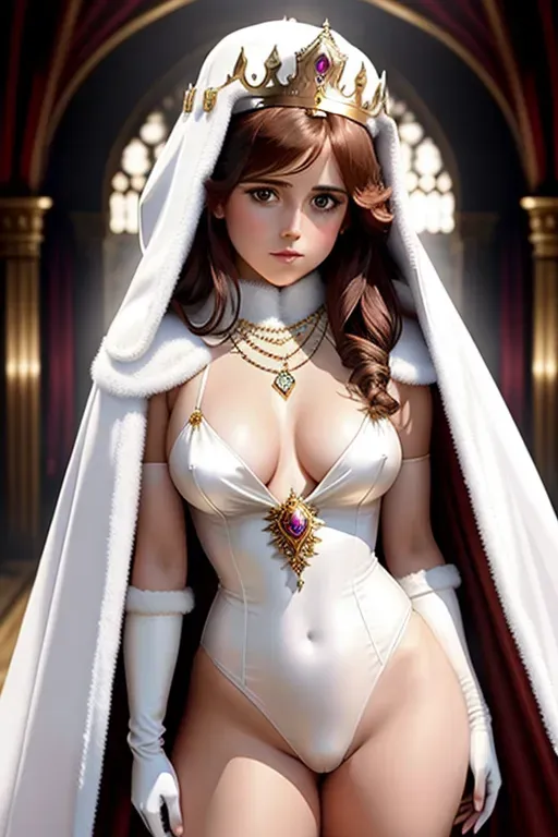 High Fantasy, Young Princess Eugenie, necklace, ((showing pussy)), white leotard, beautiful face, shy, gloves, cloak, standing, fit, highly detailed, correct human anatomy, looking at viewer, front, closeup, small breasts