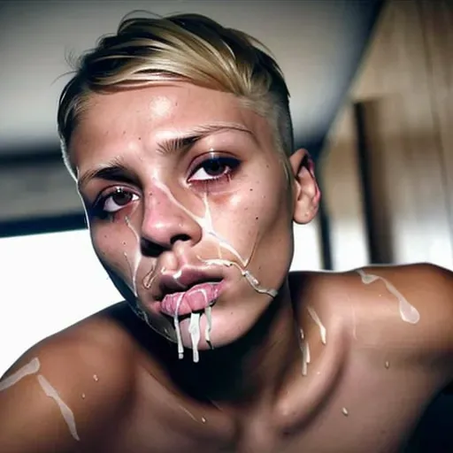 short hair, athletic, blonde, (tears), (drunk), club toilets, tiny tits, (beautiful), 30yo, high cheekbones, broken lip, clothed, runny mascara, black mascara, bukkake, ((cum on face)), cum out of nose, cum in mouth, shocked, wet face, (sweating), bruised, one girl, flowing cum, dripping cum