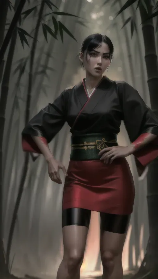 1girl, full body , detailed face, beautiful, attractive, sexy, flawless, shapely, sensual, fatal, lethal, deadly, hurt, bruised, feudal japan, japanese , seductive, surprised, startled, stunned, attacked, ambushed, assaulted, frightened, terrified, alarmed, scared, spooked, panicked, fearful, terrorised, moody lighting, night, short hair, dark hair, black hair, almond shaped eyes, eyes open, eyes wide, eyes wide open, thin lips, solo , masterpiece, ultra high res, professional, photo referenced, 23 years old, young adult, slim, pale skin, kimono, dark red kimono, saliva, saliva dripping, summer, thin clothing, sweat, sweaty skin, shiny skin, purple eyeliner, small breasts, pain, head tilt, bending, bent, 1 character, bags under eyes, foot, feet, foot side, toe, toes, fully clothed, long legs, tall, bamboo forest, cosplay, fishnet, mini skirt, thong, traditional, ninja, kunoichi, tight, kimono, covered chest, covered breasts, long top, small breasts, cotton,