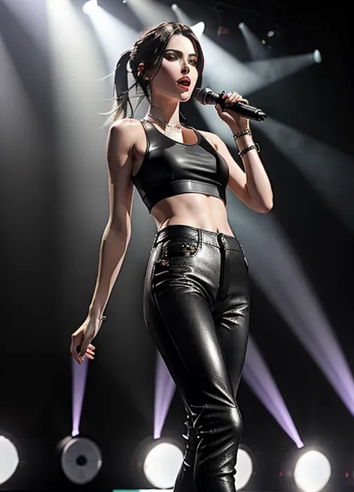 A photorealistic high resolution photo of german Singer Lena Meyer-Landrut singing on a stage. Wearing a (white tank top) and (black leather pants and black leather boots).