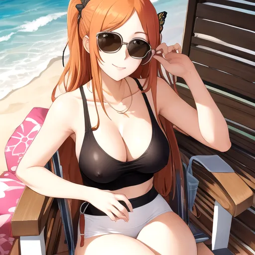 character:inoue orihime, man sitting next to her giving him handjob, cleavage, on beach chair, short tight tank top, sunglasses, g string, butterfly hairpin, hard nipples,