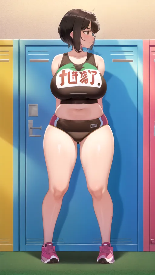 1girl, talking to her friends, gigantic breasts, saggy breasts, cute face, brown eyes, short black hair, happy, locker room , full body shot, <lora:track_uniform:1>