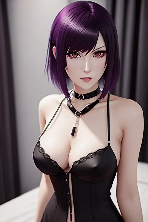 a digital painting of,senjougahara hitagi,wearing goth clothes,walking,in a hotel room,amazing breasts,five fingers per hand,short thick hair,beautiful face,beautiful lips,black eyes,curved eyebrows,pale skin,satisfaction,wearing necklace,unreal engine,studio lighting,bokeh,ultra realistic,smooth