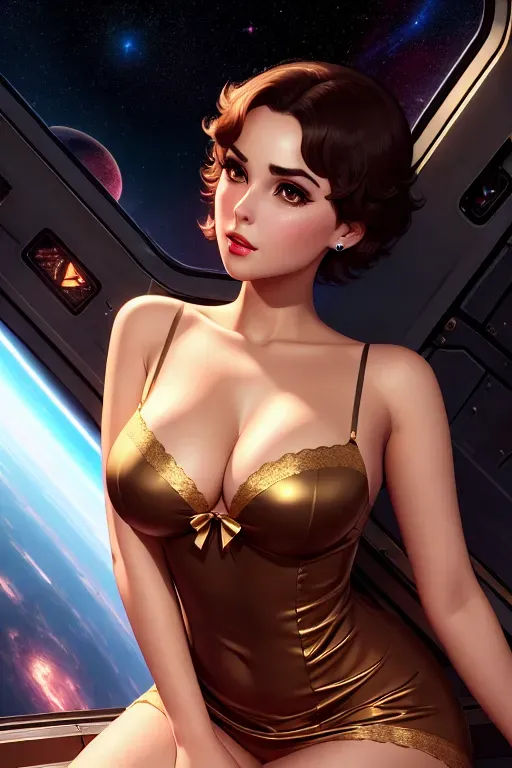 a illustration of,yor forger,wearing nightie,all-fours,in the space station,big breasts,five fingers per hand,short hair,charming face,beautiful lips,brown eyes,curved eyebrows,curved eyelid,wearing golden ring,surreal,bokeh,pixiv,artstation,cinematic lighting