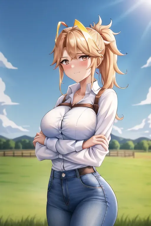 best quality, 1girl, medium breasts, white button up shirt red barn background, blue sky, sun, annoyed, cute, looking at viewer, brown eyes, long blue hair, denim jean pants dpmg_covering_breasts_arms_crossed_v1, dpmg_overwatch_mercy_v1