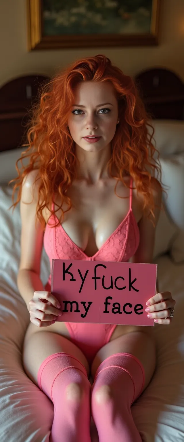 a redhead girl with big tits lying seductively on a bed with ass pushed up in a luxury suite wearing sexy bright pink lingerie and thigh high lace stockings holding a sign that reads 'Kyler Fuck my face.' head tilted slightly with a knowing expression, ((ass in photo)), ((ass pushed out as if offering)), legs spread wide, tumblr, rococo, curly red hair, cute redhead girl, beautiful redhead woman, fiery red hair, beautiful long fire hair, pale skin curly blond hair, redhead girl, she is redhead, curly blonde colored hair, short redhead , cleavage,