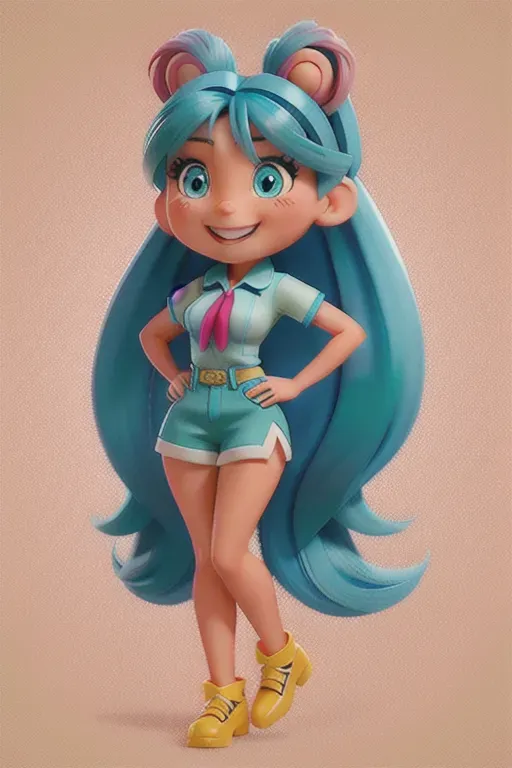 Youthful and energetic appearance
Large, expressive teal-colored eyes
Vibrant and colorful long turquoise hair, often in twin-tails
Fair and clear complexion with a hint of rosy cheeks
Playful and cheerful smile
Bangs that frame her face, sometimes adorned with hair accessories
Slim and petite build, giving her a cute and dynamic presence