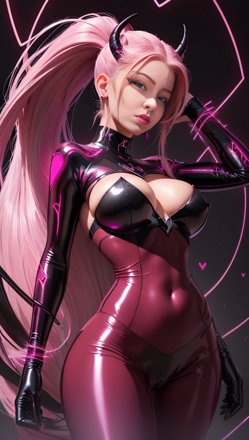 best quality, (((ultra high res))), (((detailed face and eyes))), ((perfect face)), (big shining heart choker), earrings, jewelry, (conjuring), witch, ((very long voluminous hair)), ((((Bordeaux hair)))), ((((black skintight neckholder)))), ((((pink lipstick)))), ((black long sleeves)), ((glowing heart)), (((demon mark))), ((((straight hair)))), (((Kylie Jenner))), (((((very very long Bordeaux hair))))), (((perfect face and eyes))), (((straight hair))), ((black leggings)), (black latex suit), ((succubus)), demon horns , (((huge cameltoe))), black gloves, dark background, (((strands))), (((pink glowing lines))), (((single ponytail))), ((((demon posession))))