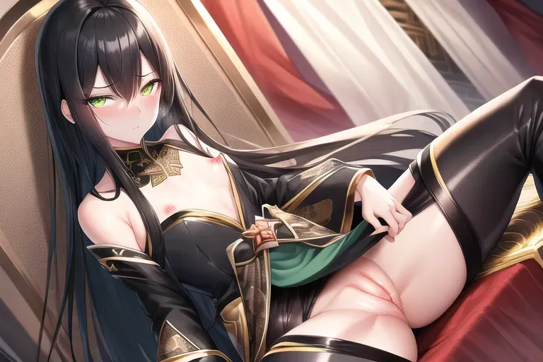 looking down at viewer, blush, pussy juice, best quality, masterpiece, 1girl, sex, nsfw, long hair, flat chest, black see-through bodysuit, silver eyes, heart-shaped eyes, emotionless stare, thin thighs, gold accessories, chinese design, royal throne background, pussy juice, make-up, masturbation, visible breath, (black hair), green highlights on hair, cold green eyes, lounging on throne, spread legs, glaring at viewer,
