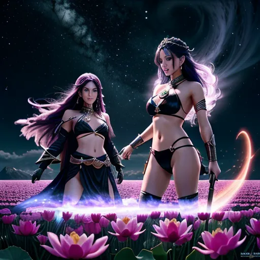 2 girls in "Dynamic poses of only 2 sexy longhaired angry love goddesses:1) with hairy vaginas (Fight by invading each other's auras:1)
(Dynamic poses of two sexy longhaired goddesses face to face in duel screaming at each other:1.3)"
(in Pointillism style with vibrant colors and detailed dot textures:1.2)
(Erotic model Terri) and (erotic model Rachel)
"A monumental aura battle between Hindu Tara and Sumerian Ereshkigal.
The confrontation takes place at the edge of existence where the luminous heavens meet the endless abyss. Vast lotus-shaped galaxies bloom across one half of the sky, while the other is consumed by shadowy kingdoms stretching into eternity. No weapon is raised and no blow is struck—this is a war of divine presence alone.
Tara appears as a radiant manifestation of emerald, sapphire, and silver light. Countless celestial lotuses unfold around her, each petal containing entire worlds. Her aura spreads outward in harmonious waves, transforming darkness into fields of stars and filling the cosmos with transcendent calm.
Across from her stands Ereshkigal, enthroned upon a vast crown of obsidian mountains. Her aura rises like an infinite tide of midnight, threaded with ghostly violet fire and the pale glow of forgotten souls. Entire constellations vanish behind her shadow as the weight of mortality and inevitability radiates from her presence.
Between them, reality becomes the battlefield. Tara's expanding ocean of compassionate light collides with Ereshkigal's inexorable darkness. The impact generates colossal rings of energy that sweep across the heavens, creating spectacular vistas of blooming stars and dissolving voids. Celestial rivers reverse their course, dimensions fold upon themselves, and ancient cosmic spirits gather to witness the clash.
Neither goddess advances. Neither retreats. They stand motionless amid the storm, their expressions calm yet resolute, while the universe struggles to contain the collision of mercy and inevitability.
Epic mythological fantasy, cosmic aura warfare, divine energy duel, celestial and underworld symbolism, painterly realism, ultra-detailed atmosphere, immense scale, dramatic lighting, heavenly war between immortal powers, cinematic masterpiece, no nudity, no eroticism, 8k fantasy concept art.
"