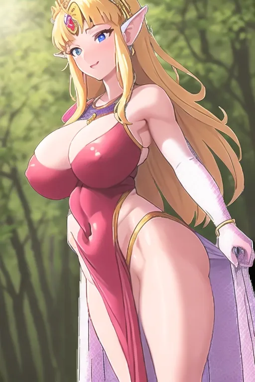 Lustful Princess Zelda teasing her huge saggy wet breasts and (tight waist:1.4) (atletic body:1.7) , wearing a royal pink_white dress