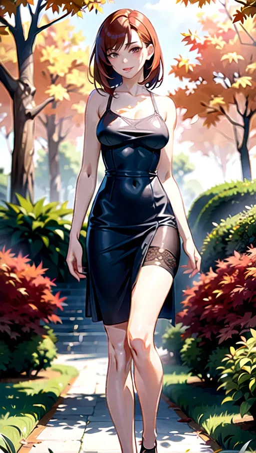 8k high detail, masterpiece, best quality, detailed background, garden, autumn, golden hour, natural light, full body photo of, 1girl, beautiful, slim figure, long slender legs, medium breasts, short auburn hair, detailed brown eyes, beautiful lips, short tight light-blue sundress, standing