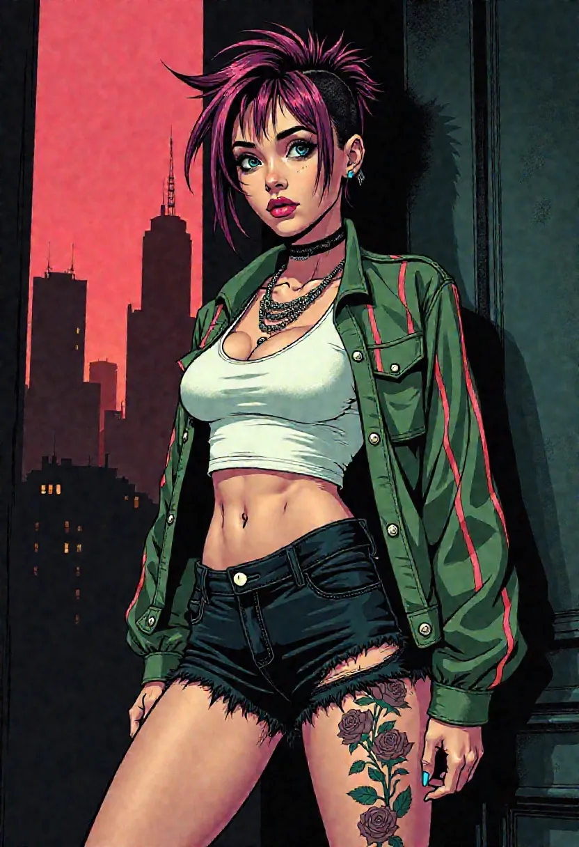 Abbi Rose, punkrock girli with itty bitty chaos and grown-ass posture, drawn in hand-rendered realism with noir-inspired contrast and pop-art attitude
petite frame, fauxhawk jagged in faded magenta, razored sides, pixie-tuft crown styled like freeze-frame static, wide eyes ringed in black liner, lips parted in a neon-pink gloss grin, cracked at the edges
tight white tank top streaked with glitter and makeup, clings sharp across her chest
(black and green vertically striped army-style jacket:1.3), sleeves rolled high, bold stripes carving shape and structure
super short black denim Daisy Dukes, raw at the hem, hugging high on her hips, vector-art style rose tattoos visible on her thighs—tasteful, sexy, and sharply drawn
silver chains hang loose at her neck in uneven layers, reflective but worn
posed in 3/4 portrait from head to mid-thigh, body angled with hip forward, posture defiant and still
set on a dim sound stage, abstract rigging and curtain lines in soft blur, noir lighting slices across jaw, chest, and thighs, glitter bloom catching highlights
a faint, mist-like aura surrounds her form—barely visible against the dark, a soft electric haze that lifts her from shadow without breaking the silhouette, rendered in subtle ink wash and bloom diffusion like visual tension suspended in air