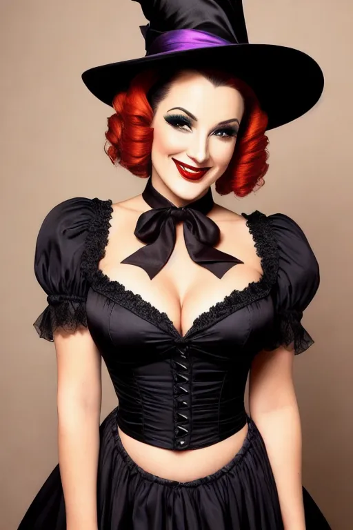 Full color, Halloween, gorgeous witch, cauldron, warm sexually welcoming smile, (flirting with me), closeup, 1940s style pinup hairstyle and makeup, looking into the camera lens, (deep plunge sweetheart style neckline)(revealing navel), cleavage, miniskirt, sexually aroused, Halloween decorations, sexually excited, ((curtsying))((showing pussy)),trimmed pubic hair, stiletto heels,