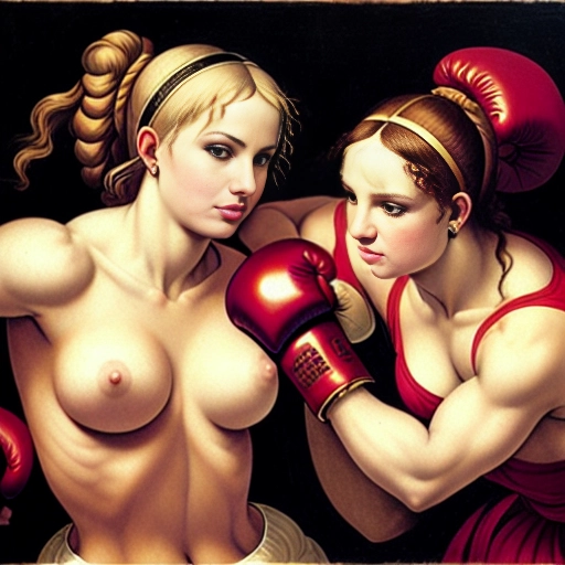 Italian renaissance painting of boxing women during a fight, knockout one girl lying knocked down on the canvas Ornate, Classical, Muted colors, Highly detailed, Smooth, Artstation, digital illustration by raphael and michelangelo and leonardo da vinci, baroque, Chiaroscuro, Elegant, Intricate, Historic, museum quality, renaissance masterpiece, Realistic, Oil painting
((Blonde Sporty Ece and Blonde Slim Diminutive Britney with nice Breasts))