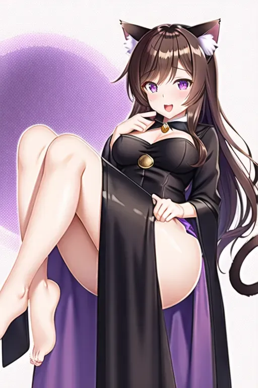 cute cat girl, full body, nighttime, medium breasts, five slender fingers, very messy brown hair, cute face, soft body, no muscles, purple eyes, curved eyelid, pale skin, highly detailed, two brown cat tails, cat ears, magic, spellbook, wizard robes, magic tattoo