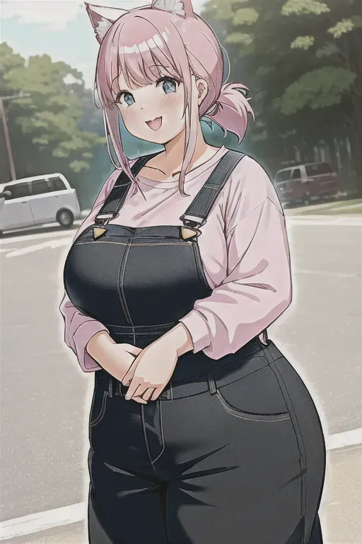 1girl, fat catgirl, mid 20s, smile, pink hair, (blue) eyes, short messy fringe, (low) ponytail, (long) (black) overalls, pastel pink tshirt, long sleeve tshirt, ((obese)), overweight, wide hips
