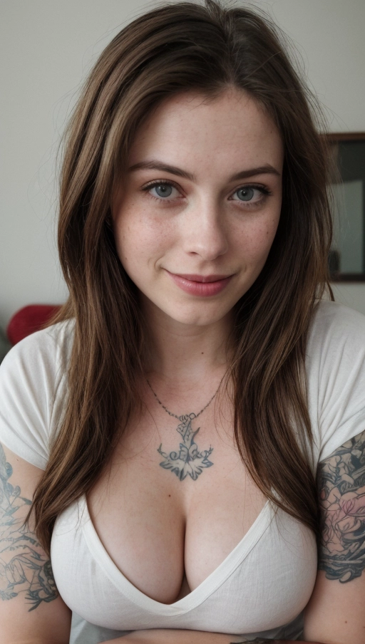 (high angle:1.2), photograph of Gillian Jacobs, smiling facial expression, (perfect face), textured skin, goosebumps, freckles, (long flowing brown hair:1.2), (loose white shirt:1.3), (sweatpants:1.2), (big breasts:1.2), (cleavage), (skinny:1.2), in living room, (tattoos:1.3), perfect eyes, Porta 160 color, ARRI ALEXA 65, bokeh, sharp focus on subject, shot by Don McCullin