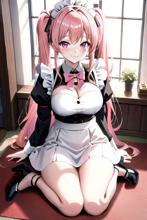 8k quality, pink eyes, pale white skin, orange hair, giant breasts, cleavage, looking at viewer, pov, long hair, wavy hair, full body photo, standing in living room, smiling, maid outfit, miniskirt, asian, pigtails, high heels