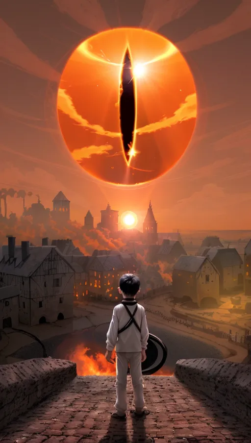 ((the sun in the sky has a thin black oval inside it)),
(The village beneath is on fire),
(A boy wearing white stares up at the eye in the sky),
