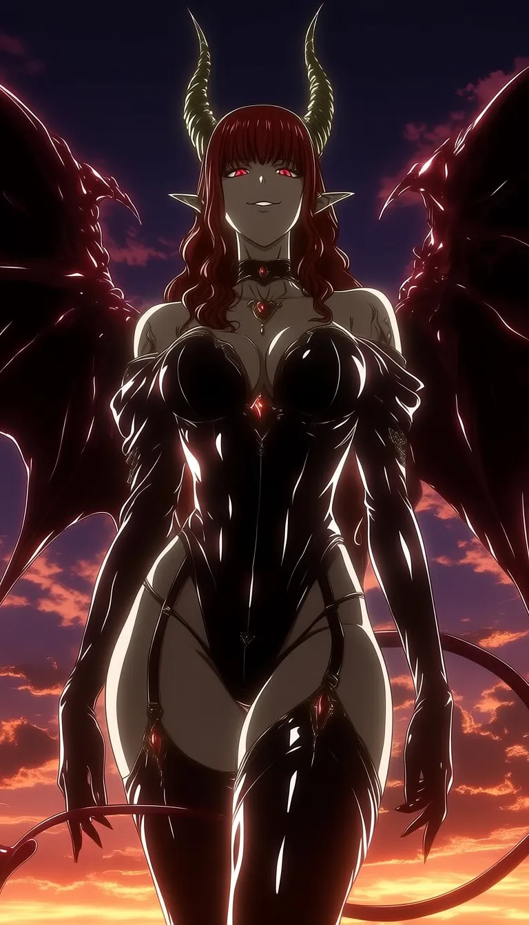 dark_art_style, 1girl, solo, red hair, long hair, wavy hair, red eyes, elf ears, pointy ears, horns, demon horns, wings, bat wings, tail, demon tail, looking at viewer, confident, seductive, smirk, standing, front view, centered, symmetrical, bodysuit, black bodysuit, latex, glossy, tight clothing, high cut, cleavage, off shoulder, long sleeves, gloves, choker, jewel, thighhighs, fantasy, demon, succubus, dark fantasy, sky, clouds, sunset, purple sky, dramatic lighting, cinematic lighting, high contrast, anime style, detailed, high detail, masterpiece, best quality