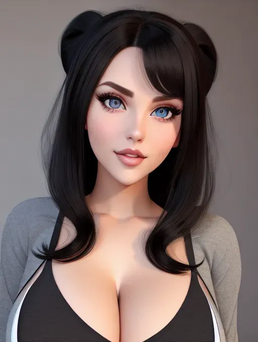Gorgeous young European woman, photo cute attractive young face, large wide doe eyes, light colored eyes, big bimbo lips, black hair, huge pert tits, tight flannel shirt, photorealistic, best quality, ultra high resolution