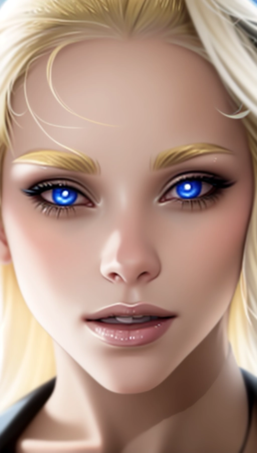 Face of a girl. The oval of her face is perfect. Her skin is flawless and slightly suntanned. Her hair is (light blonde) nearly white , (hair is back-combed) but a certain amount of short thin hair runs across her forehead. Her dark blond eyebrows are (thin) and well designed. Her eyelashes are black. Her (grey)-blue eyes are magnetic and magnificent, really mesmerizing. Her nose is straight, regular, not too small. The lips of her mouth are disclosed. They have been coloured with a (rose colored) lipstick, and to it was added a lip gloss was added. The lower lip is more fleshy than the upper lip. They have intense reflections. Her ears are small and stay flattened to the head. From underneath them her blond hair falls freely and goes down beside and below her face, reaching her shoulders. She wears a black woolen sweater.