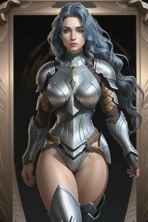 She has a lithe figure, with lean muscle definition visible beneath her armor. Her breasts are ample, with nipples peaking through the metal plates of her armor. Her hair is long and golden, cascading down her back in waves. Her face is oval-shaped, with high cheekbones and a small, pointed nose. Her eyes are a striking blue, framed by thick eyelashes. Despite being covered in armor, you can tell that she has a curvaceous figure, with a round rear end and full hips. Her legs are long and toned, ending in booted feet.