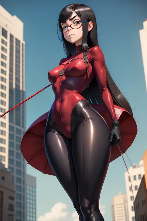 Violet Parr, Violet Parr from Incredibles, red suit, full body, 1 girl, Hanged at the neck, BDSM, no clothes from her thighs