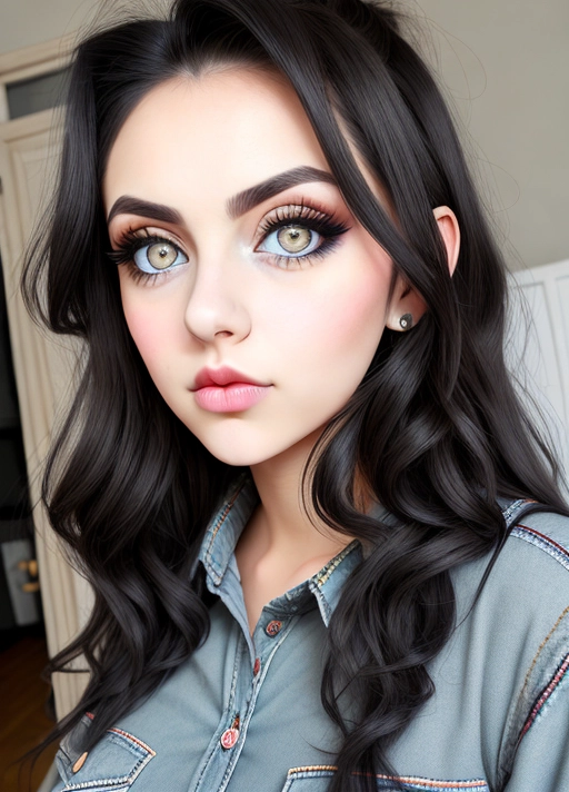 Cute Italian girl, simple grunge makeup, pale colored eyes, big wide eyes, eyes pointing up, black hair, big lips, high riding huge boobs, gigantic tits, flannel shirt, photorealistic, best quality, ultra high resolution, pov from above