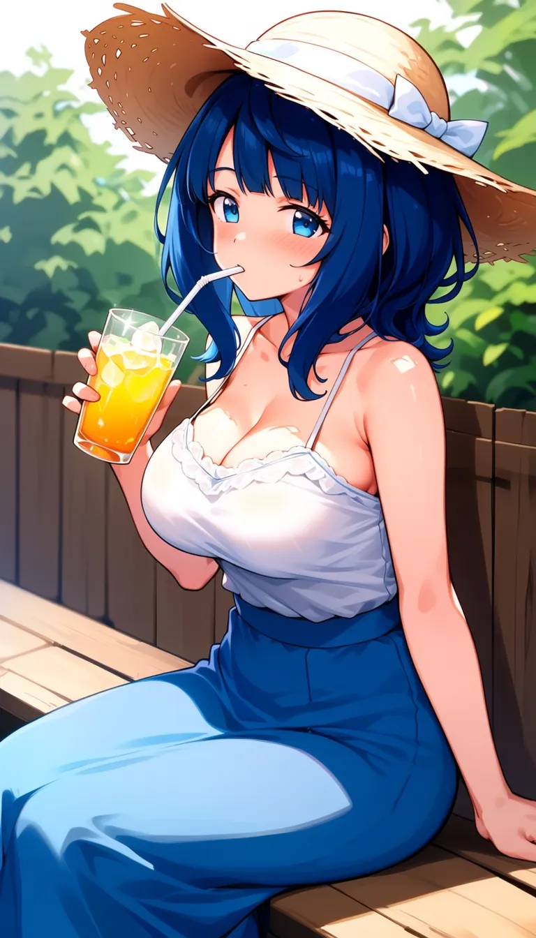 yanami anna, 1girl, bare shoulders, blue eyes, blue hair, blue skirt, breasts, cleavage, collarbone, cup, drinking, drinking glass, drinking straw, drinking straw in mouth, fence, from side, glass, hat, holding, holding cup, long skirt, medium hair, outdoors, shirt, sitting, skirt, sleeveless, sleeveless shirt, solo, spaghetti strap, straw hat, white shirt, wooden fence , masterpiece, best quality, amazing quality
